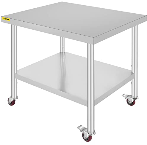 VEVOR Tavolo da Lavoro in Acciaio Inox Piano di Lavoro per Cucina 90x76x82cm, Piano di Lavoro da Cucina Hotel Ristorante Commerciale 4 Ruote per Preparazione di Alimenti, Tavolo di Lavoro Piano Doppio