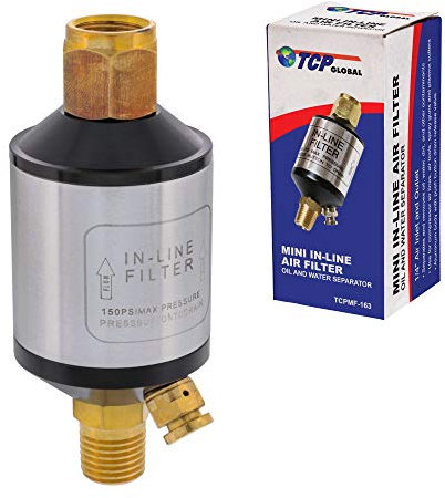 TCP Global Mini In-Line Air Filter, Oil and Water Separator - Aluminum Body with Drain Valve, Water Trap, Air Dryer, Removes Moisture, Dirt - Use on Compressor Air Line Hose, Air Tools, Plasma Cutters