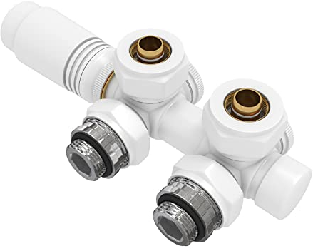 EMKE Multiblock Heizkörper Ventil-Armaturen, Hahnblock Heizungszubehör Eck und Durchgangsform 50mm, Ventilhahnblock Heizkörperventil mit Thermostat (Für 16mm Rohre * G1/2, 1 Stück, Weiß)