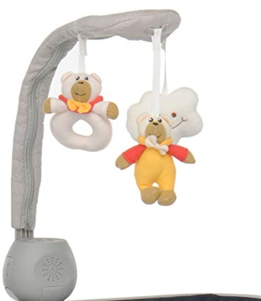 Foppapedretti Kit Giostrina con Zanzariera per culle MyBebè/iNanna, 3 Peluches con 5 Melodie Musicali e 5 Suoni della Natura, Volume Regolabile, 0-5 mesi, Barra Giostrina Ricoperta in Tessuto, Greige