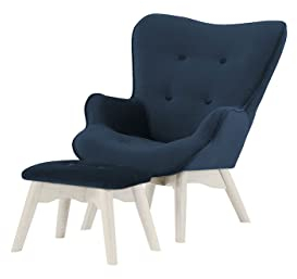 Nordville Bloomy Sessel Mini Für Kinder Mit Fußhocker Kronos- Ohrensessel mit Hocker in Landhaus-Stil | Der perfekte Polstersessel für entspannte, Lange Fernseh- und Leseabende (Dunkelblau, Weiss)