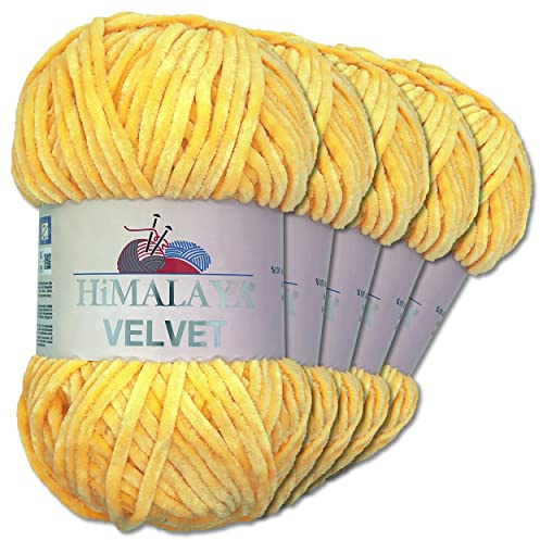 Wohnkult Himalaya 5 x 100 g Velvet Dolphin Wolle 40 Farben zur Auswahl Chenille Strickgarn Glanz Flauschgarn Accessoire Kleidung (90013 | Gelb)