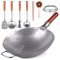 Teewe Wok en acier carbone – 34 cm traditionnel martelé à la main avec 8 accessoires de cuisine
