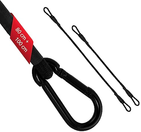 ECENCE 2er Set Spanngummi mit Karabiner aus Edelstahl, Expander mit Haken 1x 100cm + 1x 80cm in Schwarz Latex Spanngurte, Gepäckspanner für Fahrrad, Auto, Gepäck, Ladung