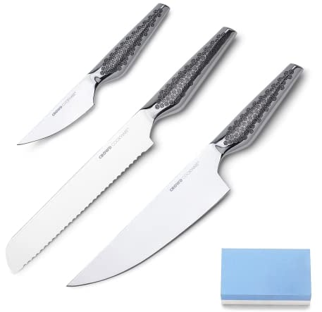 CROWD COOKWARE Set de cuchillos Wigbold, 4 piezas, acero inoxidable alemán, versátiles, mango ergonómico, aptos para lavavajillas, incluye piedra de afilar
