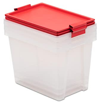TATAY 3er-Set, Aufbewahrungsboxen, Kapazität 15L,mit Griffen, Deckel aus 100 Prozent recycelten Materialien, Transparent, BPA-frei, Rot