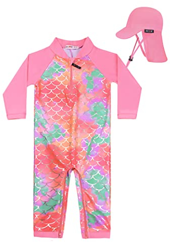 weVSwe Badeanzug Baby Rash Guard UPF 50+ UV-Schutz Langarm Sommer Sonnenhut Rosa Fischschuppen 12-18 Monate