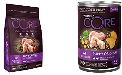 Wellness CORE Puppy Original, Welpenfutter trocken für kleine & mittelgroße Welpen, Pute & Huhn, 10 kg & Puppy Original, Welpenfutter nass, Huhn & Pute, 6 x 400 g