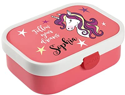 4youDesign rosa Brotdose mit Fächern -Follow your dreams- personalisiert mit Namen I Einhorn Geschenk für Jungen und Mädchen