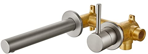 Aolemi Robinet d'évier de salle de bain en nickel brossé avec poignée de robinet unique de 19,8 cm de long bec pivotant droit avec valve brute en laiton robinet mitigeur de baignoire à double trou