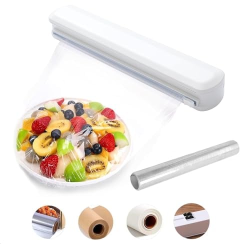 FIYSON Découpeur film Étirable, Distributeur d'Emballage Alimentaire, Boîte De Rangement Et De Découpe Réglable, Pour Film Étirable, Feuille d'Étain, Cuisine à Domicile, Restaurant (style 2+membrane)