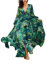 HAOLEI Maxi Dresses for Women UK Elegant Wedding Guest Green Leaves Print Summer Dresses Long Sleeve Sexy V Neck Wrap Dress Flounce Ladies Beach Boho Dress Evening Party Blackless Long Dresses