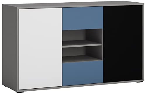 Lomadox Sideboard, Kommode, Anrichte Jugendzimmer, Kinderzimmer, Schlafzimmer in grau mit schwarz, weiß, blau, B/H/T: ca. 125,7/74,2/40 cm