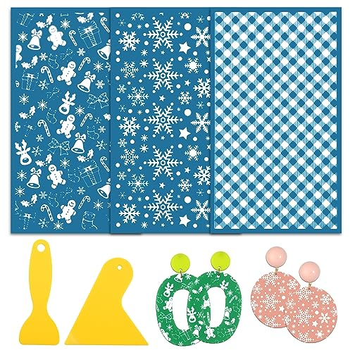 MWOOT Weihnachts Tonstencils, Siebdruck-Schablonen Polymer Ton, Selbstklebende Siebdruck Vorlage, 3 Stück Wiederverwendbare Siebdruck Transferdruck Set DIY Ton Schmuck Ohrringe Herstellung