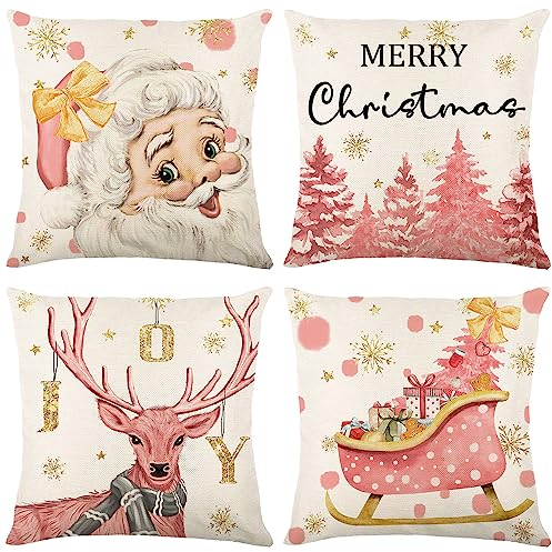 Qelus 4 er Weihnachten Kissenbezug, Weihnachtskissenbezug 45x45 cm, Rosa Rentier Rodel Weihnachtsbaum Muster Kissenhülle Leinenoptik Dekorative Kissenbezüge für Weihnachten Wohnzimmer Sofa Deko