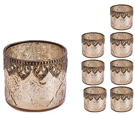 Jinfa 8er-Set Teelichthalter Gold Kerzenhalter Windlicht Glas Kerzengläser Teelichtgläser Weihnachtsdeko Innen Geschenke für Frauen - Zylindrische Form Ø10cm x h9cm