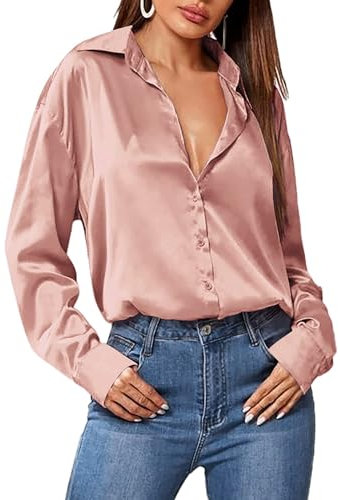 Zeagoo Chemisier en satin pour femme - Col en V - Décontracté - En soie - Manches longues - Tunique, Rose, L