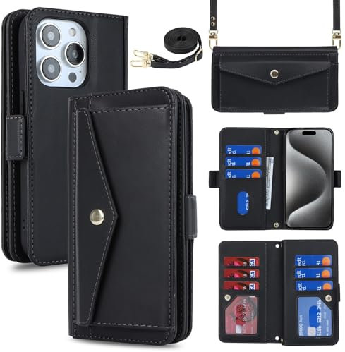 Zouzt for iPhone 15 Pro Wallet Case for Women, Purse with Credit Card Holder Slots Crossbody Lanyard Strap Flip Folio Book Shockproof Protective Cover for Apple iPhone 15 Pro 6.1 Inch (Black)