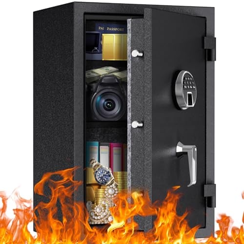 WASJOYE Fireproof Safe Box, Fingerprint Safety Box, Biometric Home Safe with Digital Backlit Keypad and Removable Shelf, Heavy Duty Money Safe with Dual Alarm System for Home Hotel Office, 66L