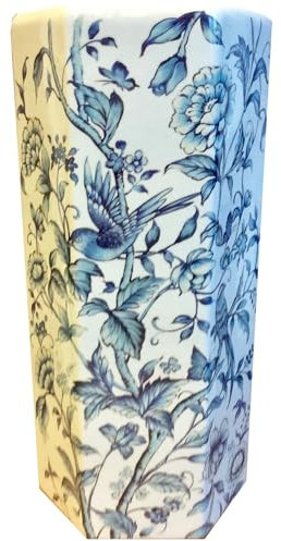 M S L Hexagonal Blue Birds and Flowers Ceramic Umbrella Stand/Walking Stick Stand/Large Vase
