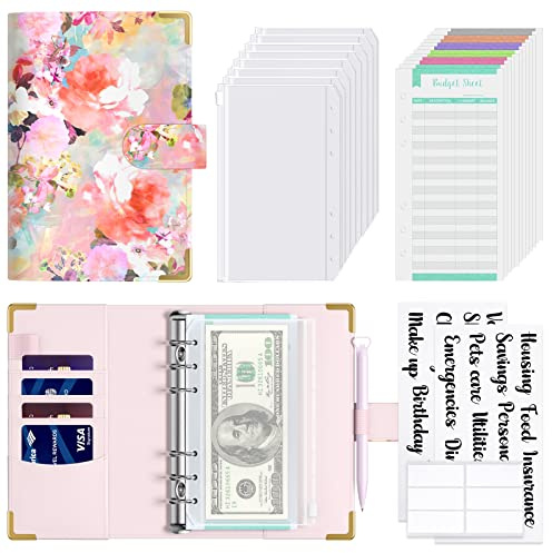 Hnogri Budget Binder with Cash Envelopes, Money Saving Binder, Pink Roses | Zipper Cash Envelopes for Budgeting, PU Leather Budget Planner Money Organizer for Cash Bills, Floral Budget Wallet for Women