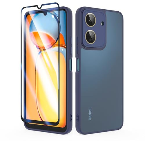 SMYTU Hülle für Xiaomi Redmi 13C 6,74 Zoll mit Schutzfolie und Kameraschutz,Handyhülle Durchscheinende Matt Schutzhülle Kratzfeste Case Cover - Blau