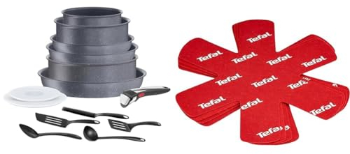 Tefal Ingenio Batterie de cuisine 14 p, Casseroles, Poêles, Sauteuse, Induction, Empilable & Set de 4 Protectors, Plastique, Rouge, 38 x 36 x 1 cm