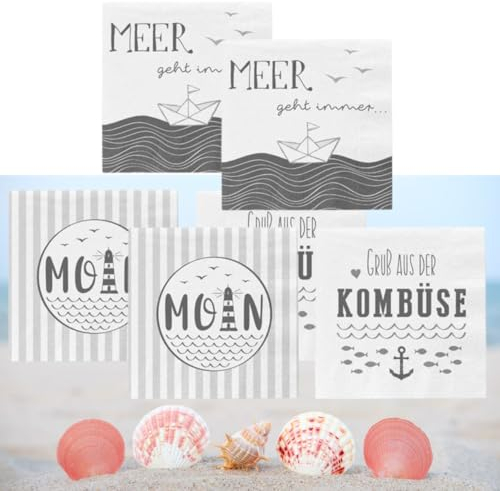Bada Bing 6er Set mit 120 Stück Servietten mit Spruch MOIN - GRUß AUS DER KOMBÜSE - Moderne weiße Papierservietten als stilvolle Tischdeko - Tischdekoration - Maritime Party Deko Vintage