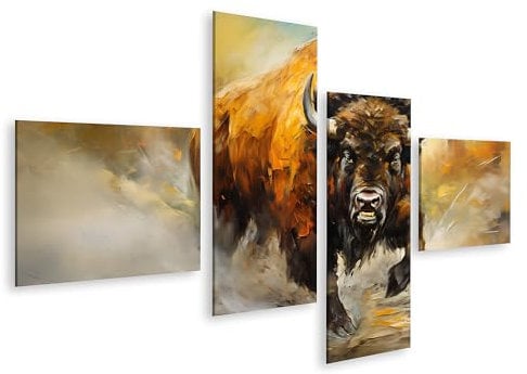 islandburner Prime Bild auf Leinwand Großes wütendes Bison Ölgemälde im Impressionismus Stil Bilder Wandbilder Poster