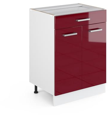 Vicco Meuble Bas Universel R-Line, Rouge Bordeaux Haute Brillance/Blanc, 60 cm avec tiroirs, sans Plan de Travail