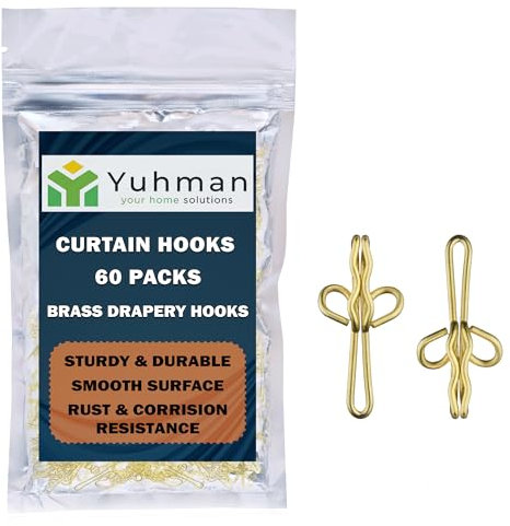 Yuhman 60 Pack Metal Curtain Hooks – 2.9cm x 1.3cm Premium & Heavy-Duty Brass Curtain Hooks Metal – Ideal for Windows, Doors & Shower Curtains.