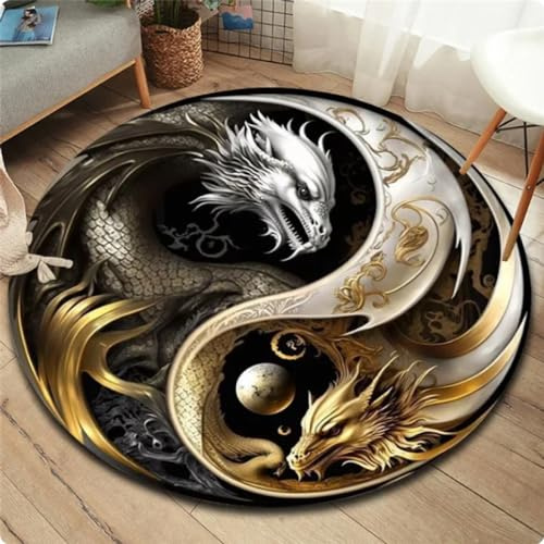 Teppich mit 3D-Drachen-Motiv runde Teppiche Teppich für Wohnzimmer Schlafzimmer Bodenmatte,Durchmesser 80cm