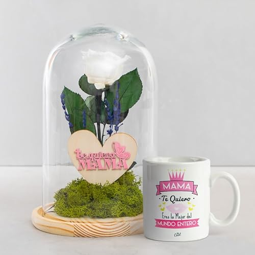 Rosa eterna blanca para mamá + Taza con mensaje “Te quiero, eres la mejor mamá ” - Rosa natural liofilizada - Envío 24H GRATIS - Regalo día de la madre - Tarjeta dedicatoria incluida de regalo...