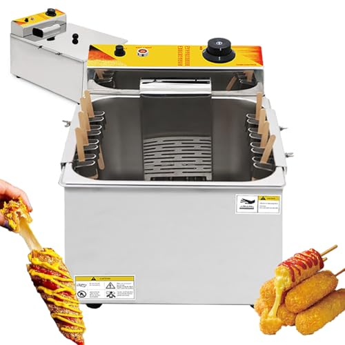 HDaspijh 12L Commercial Deep Fryer, Automatic Cheese Hot dog Sausage Grill Stove Sticks Fryer, 8pcs Sausage Frying Equipment Adjustable Temperature, Large Capacity Electric Deep Hot Corn Dog Fryer