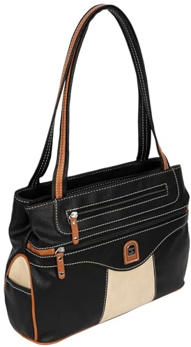 EAAKIE Damen Tasche, Schultertasche, Handtasche, Umhängetasche mit Leder Optik und vielen Fächern (SCHWARZ-CREAM)