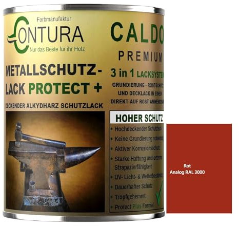 Contura 3in1 Rostschutzfarbe Metallschutzlack Seidenmatt RAL Metall Lack Farbe Grundierung (RAL 3000 Rot, 1 Liter)