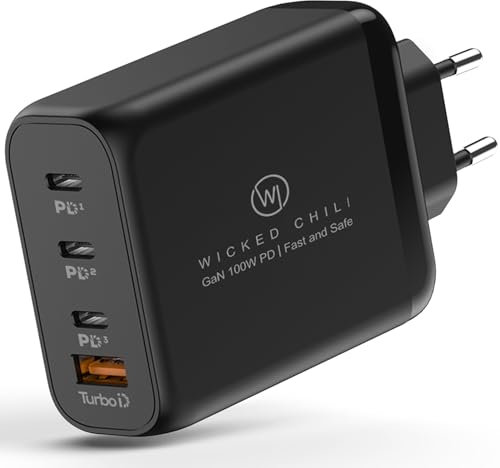 Wicked Chili 100W USB-C GaN Ladegerät - 4 Port Schnelladegerät kompatibel mit Laptop, Handy, iPad, iPhone 17, 16, 15, 14, Samsung Galaxy Fast Charger Netzteil (3X USB C / 1x USB A, PD PPS, schwarz)