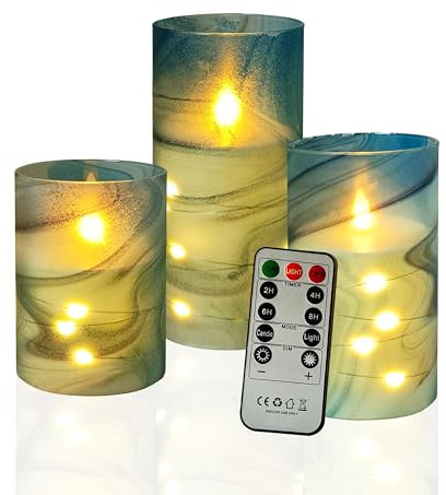 Flickering Flameless Candles Blue Water Ripple Print, Embedded Star String Lights, Battery Operated Acrylic LED Pillar Candles with 11-Key Remote and Timer for Home Decoration, 3 Pack