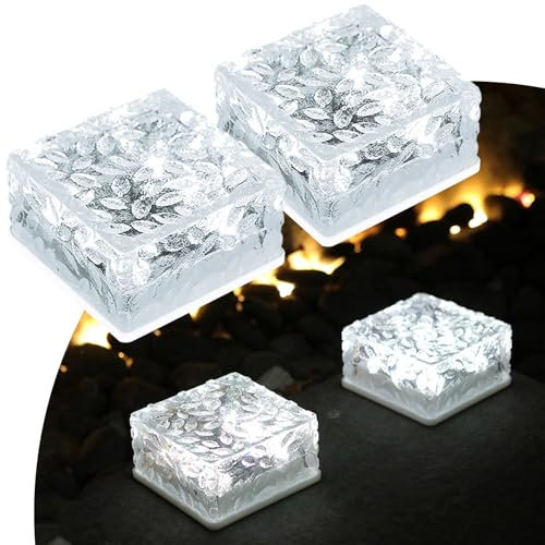 MEDOYOH 2er-Set Kaltweiß Licht Solar Pflastersteine Außenleuchte, 10x10x5CM On/Off Lichtsensor Wegbeleuchtung Wasserdicht Bodenstrahler Solar für Patio Garten Hof Weg Terrasse