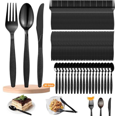 90 Stück Plastikbesteck Schwarz Set, 30 Plastikgabeln, Plastikmesser und PlastikLöffel Party Besteck Plastik Schwarz und Robustem Bestecksets für Familienfeiern, Outdoor Dinner