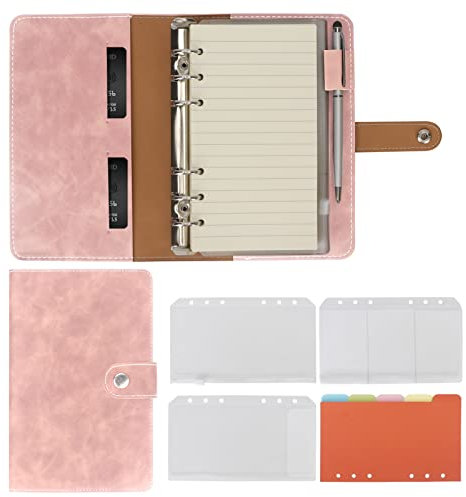 FYY Leder A6 Ringbuch Notizbuch - 6 Ringbuch mit A6 Nachfüllzeilenpapieren, Reisebinder Journal Persönlicher Planer mit Ringbuch Rosa