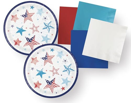 Creative Converting Patriotic Party Pack, 16 Paper Cake Plates, 24 Beverage Napkins, Red, White, Blue