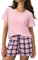 Irdcomps Pyjama Femme Ete Coton Ensembles de Pyjamas Court Short Manche Courtes Vêtements de Nuit Sleepwear Doux Respirant Rose XL