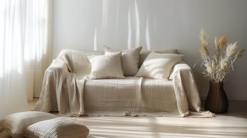 Großer Sofaüberwurf aus Bio-Baumwolle, für Zweisitzer-Sofa, 4-Sitzer, weicher Musselin-Stoff, cremefarben, 180 x 248 cm