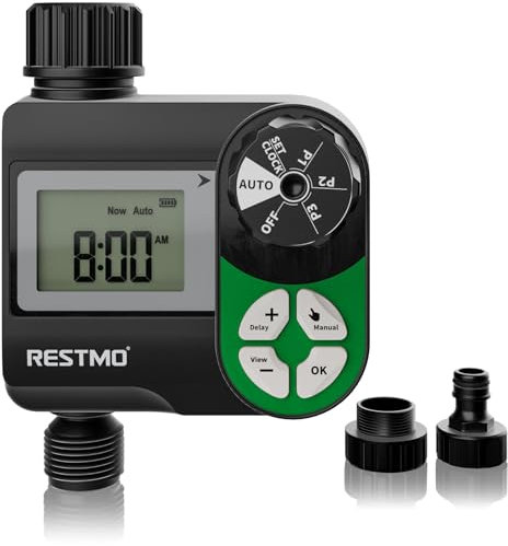 Restmo Temporizador de agua, 3 programas separados, temporizador de riego digital con retardo de lluvia/sistema de riego manual/automático para grifo al aire libre, aspersor de jardín, patio y césped