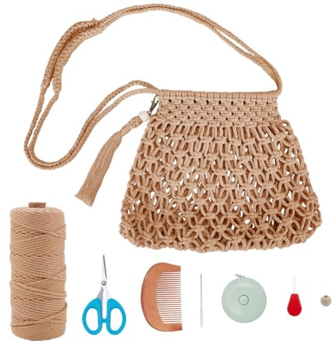 INFUNLY DIY Makramee Tasche Kit für Erwachsene Anfänger Boho Makramee Umhängetasche Kit mit Perlen Quasten DIY Baumwolle Seil Handtasche Kit mit Anleitung handgemachte Makramee Tasche Starter Kit