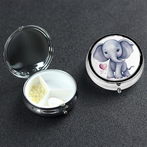 Kleine Pillendose mit 3 Fächern, niedlicher Elefant, Pillendose für den täglichen Gebrauch, Metall, tragbar, für Tasche, Geldbörse, Reisen, Pillendose mit Spiegel, rund, Medizin, Vitaminhalter,