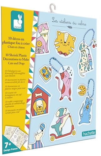 Janod - Coffret 10 Décos en Plastique Fou -Thème Chiens & Chats - Les Ateliers du Calme - DIY - Kit Loisir Créatif Enfant - Dextérité et Concentration - Dès 6 Ans