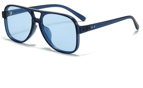 Long Keeper Retro Pilot Sonnenbrille Pilotenbrille Herren Damen Quadratisch Sonnenbrille Groß 70er Klassisch Eckige Pilot Retro Brille mit UV400 Schutz (Klares Blau Rahmen – Blau Gläser)