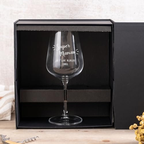 Wanapix | Verre à Vin Personnalisé | Boîte Cadeau Incluse | Cristal gravé avec le nom | Verre en cristal Personnalisé avec gravure | Super maman